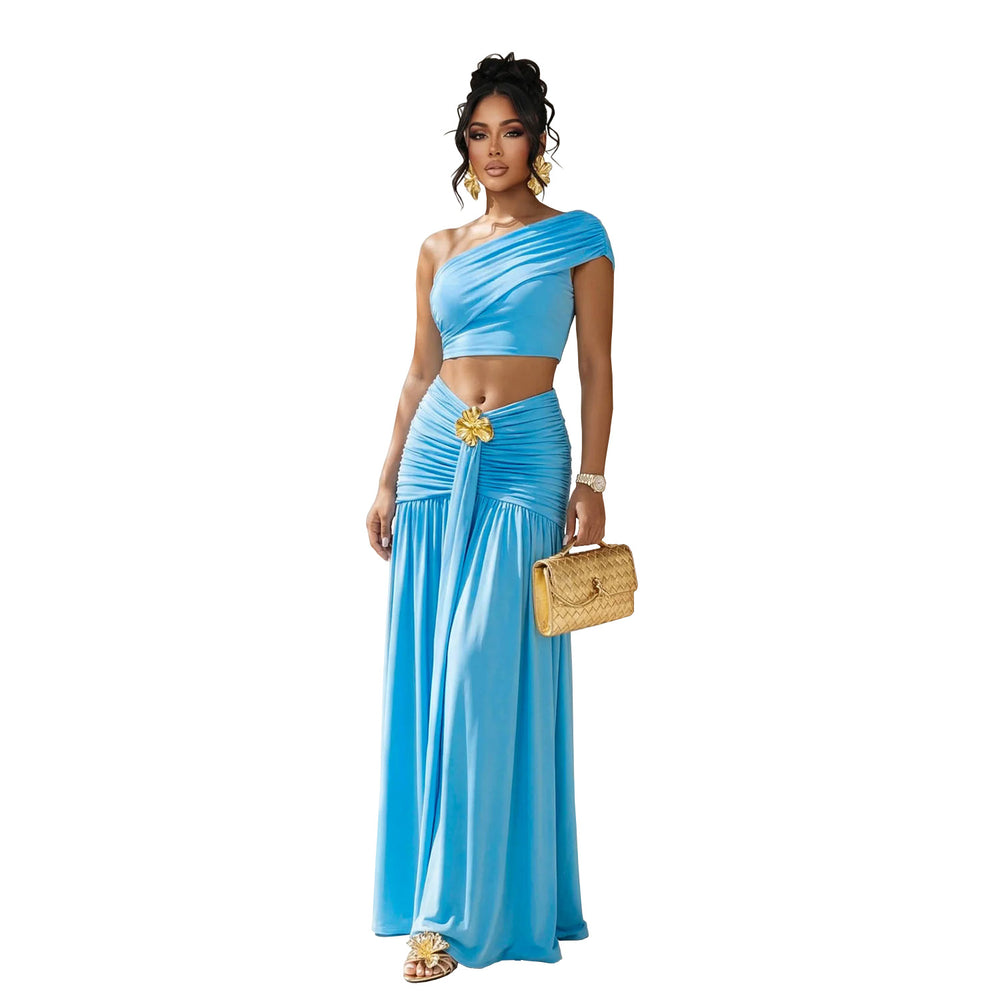 C7675 cross-border   fashion women's sexy one-shoulder cropped top and midi skirt set