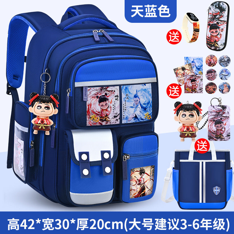 New nezha backpack for boys and girls, grades 1-6: spine protection, lightweight design, and extra-large capacity