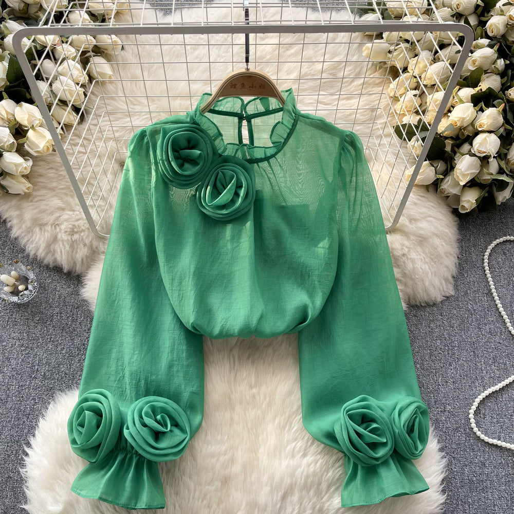 Frenchshirt women's sense of designniche style stereo flower puff sleeves age reduction easiest for matchpure color chiffon shirt women's long sleevestops