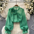 Frenchshirt women's sense of designniche style stereo flower puff sleeves age reduction easiest for matchpure color chiffon shirt women's long sleevestops