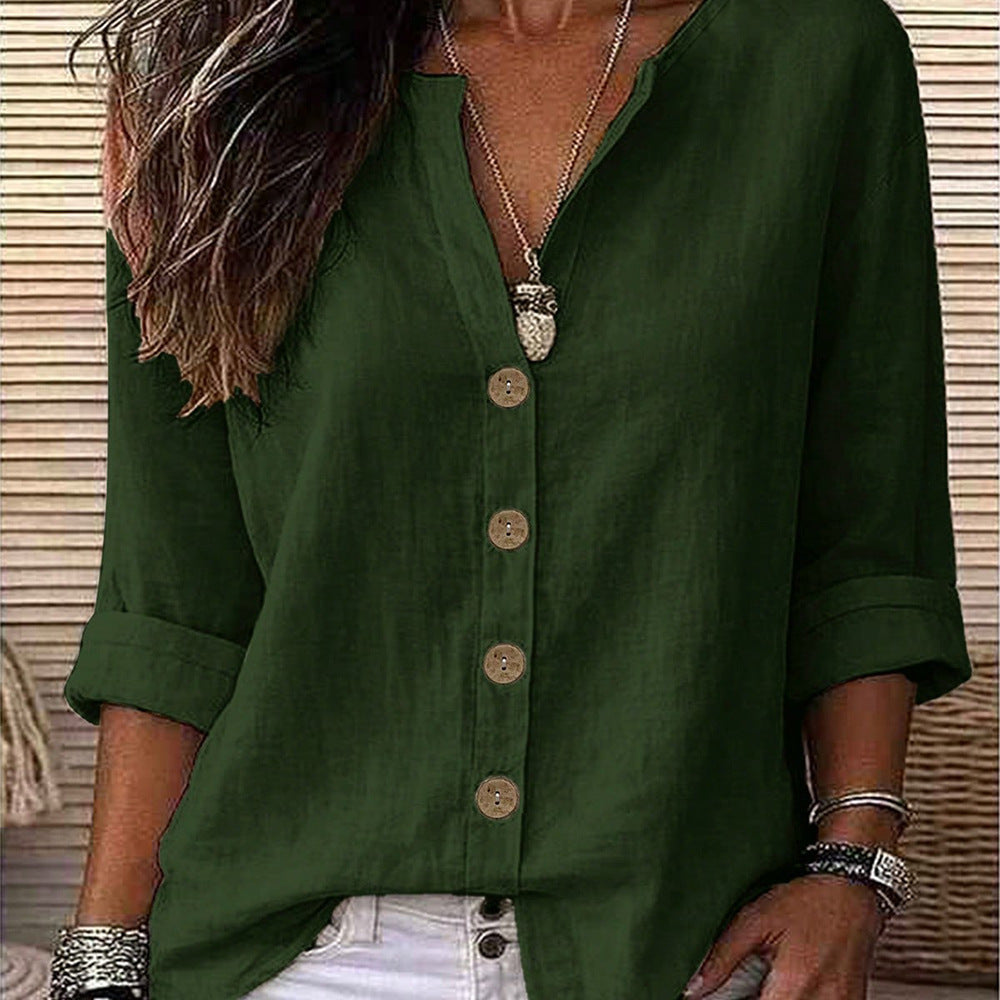 Exclusively for us & european cross-border e-commerce:  autumn beige cotton linen shirt - relaxed fit, v-neck, roll-up sleeves, mid-length top