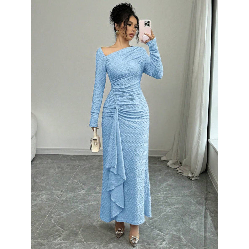 fashion  autumn new arrival elegance asymmetric slant neck waist ruffles long sleevesdress