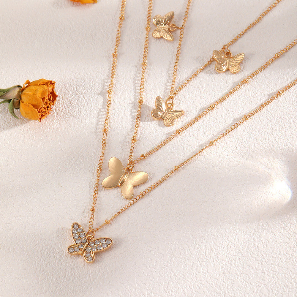 Wholesale metal butterfly choker necklace - new cross-border style, fresh & layered design, unique statement piece with diamond-studded pendant for women