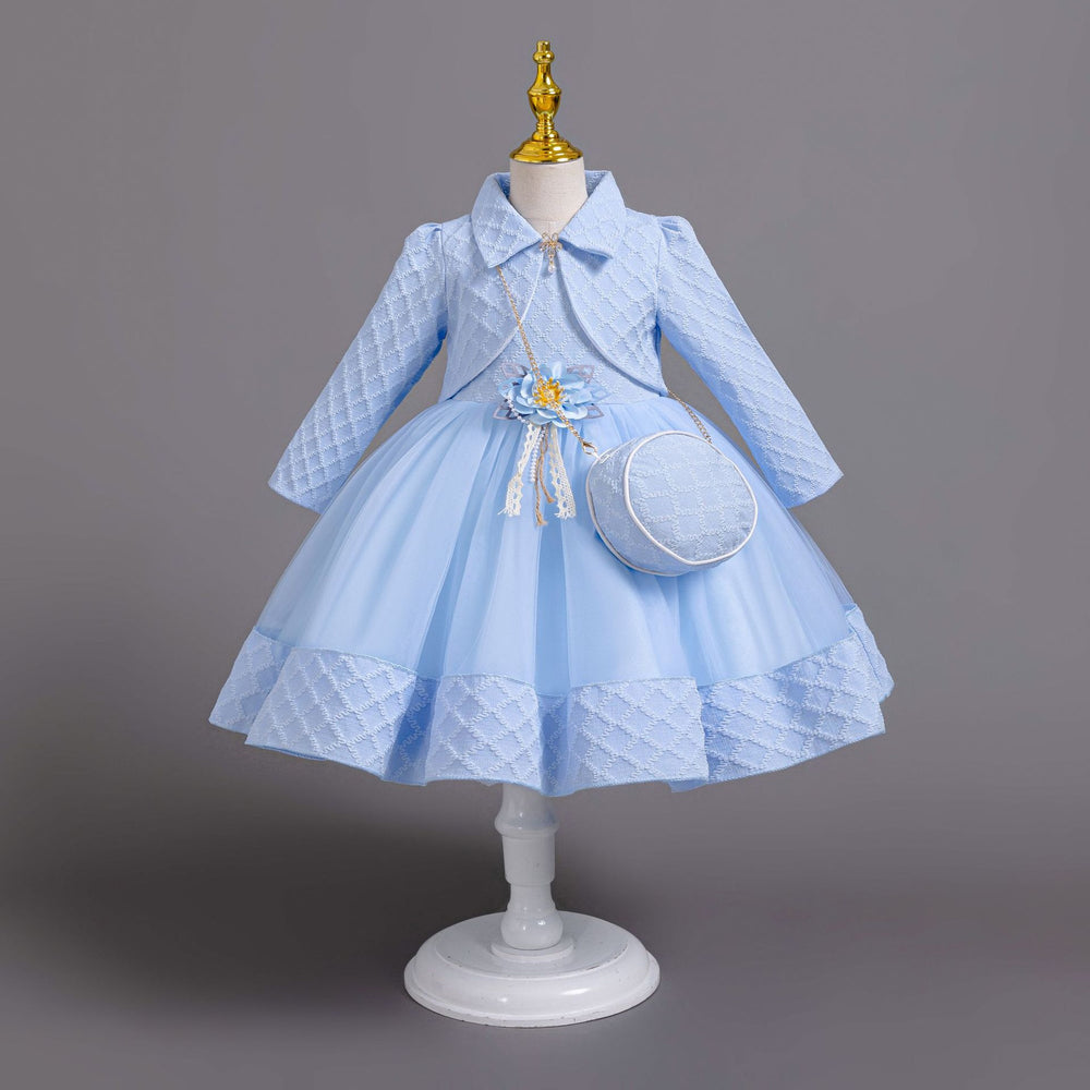 New in stock three-piece girls' dress set: long-sleeve wedding dress, piano recital dress, girl's dress