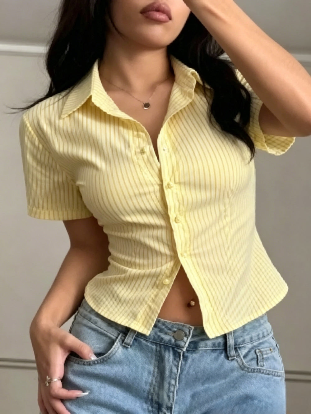 Amazon  summer new striped shirt for women - niche, versatile, casual, slim-fit, and flattering short-sleeve top