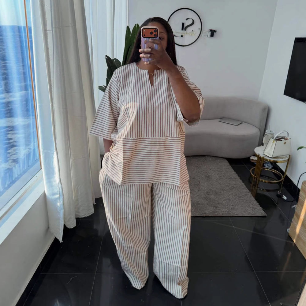 European and american cross-border women's fashion:  summer new arrivals - stylish and elegant striped loose-fit shirt and wide-leg pants casual set