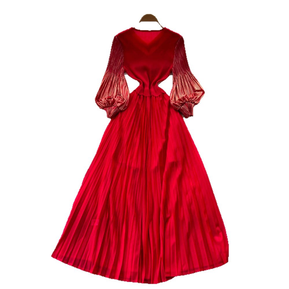 Elegant court-style bubble sleeve dress - women's autumn tassel design, mature and chic, flowy maxi dress