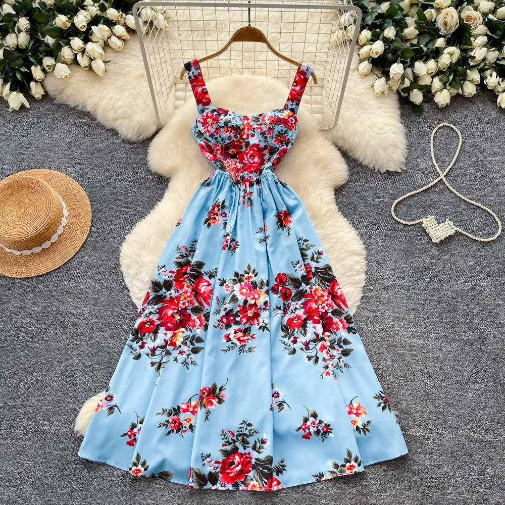 French sleeveless printed camisole dress - women's summer high-waisted slimming a-line maxi dress - chic and elegant