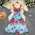 French sleeveless printed camisole dress - women's summer high-waisted slimming a-line maxi dress - chic and elegant