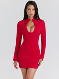 women's clothing  autumn new solid color long sleeve round neck sexy hollow-out slim fit short dress