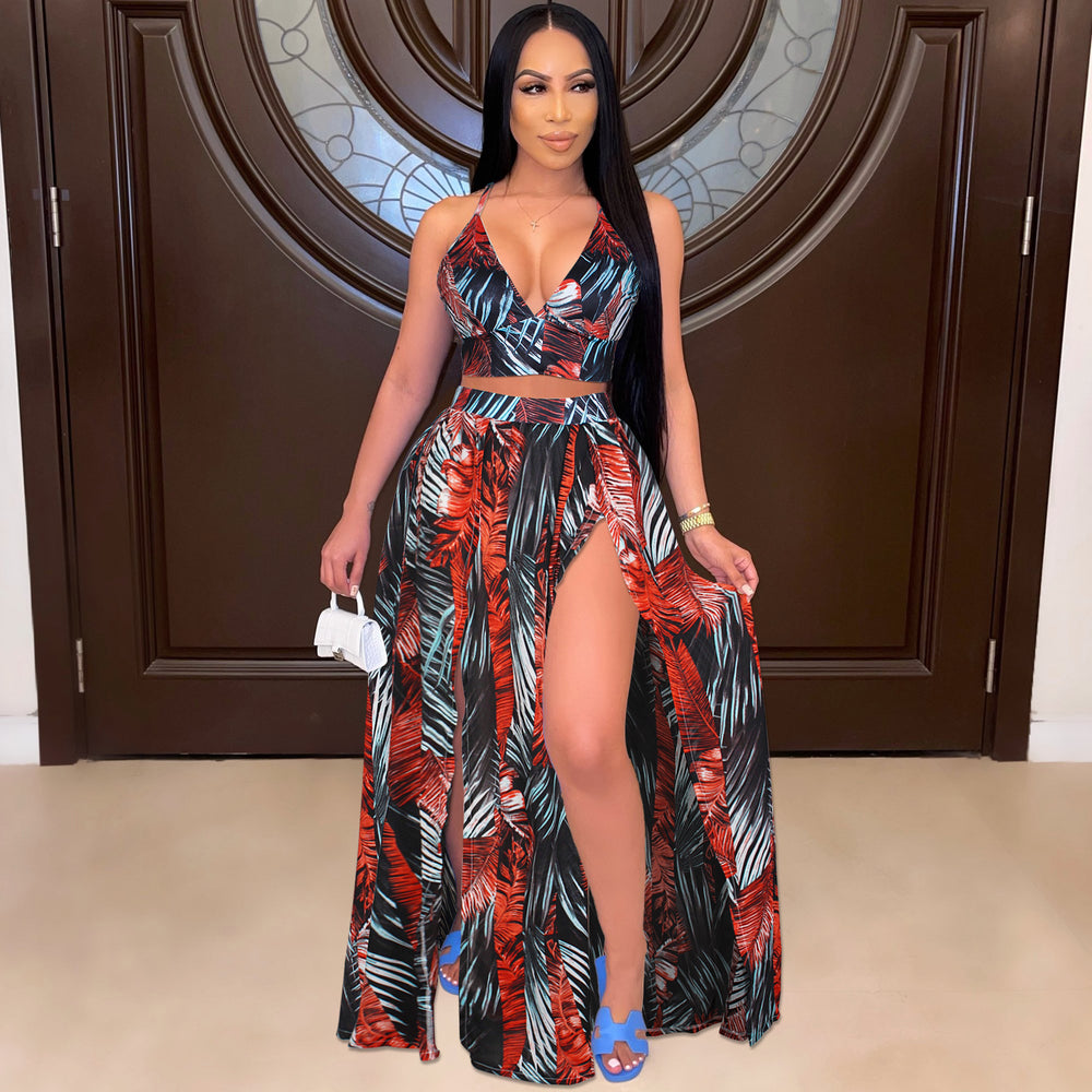 Amazon hot selling summer women's fashion sexy camisole printed swing skirt two-piece beach dress set