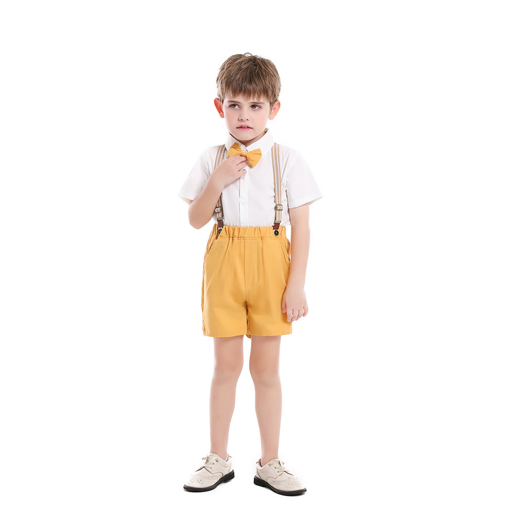 Boys' summer short-sleeve overalls set: cotton white shirt birthday performance outfit, korean style kids' clothing