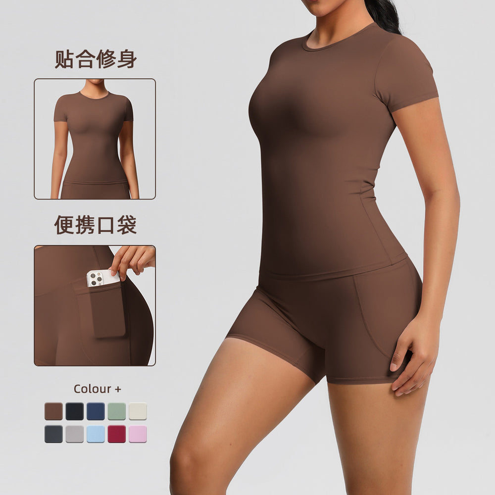 New arrival cross-border fashionpure color double-sided nylon brushed short-sleeved yoga suit sports running fitness two-piece set