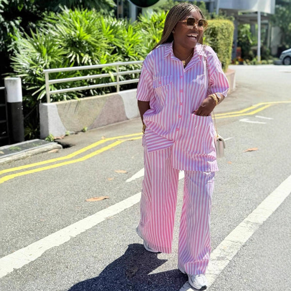 2025 European and American women's clothing short-sleeved lapel striped breasted shirt African fashion foreign casual trousers two-piece set women