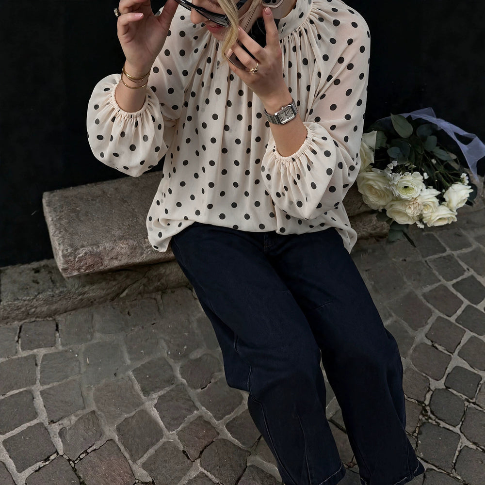 French retro polka dot chiffon blouse - semi-high neck, loose fit, oversized lantern sleeves, long sleeve top - stylish and versatile