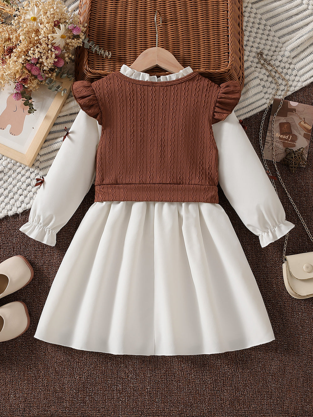girls' autumn new arrival: collared long-sleeve ruffle princess dress shirt dress knitted vest two-piece set