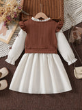 girls' autumn new arrival: collared long-sleeve ruffle princess dress shirt dress knitted vest two-piece set