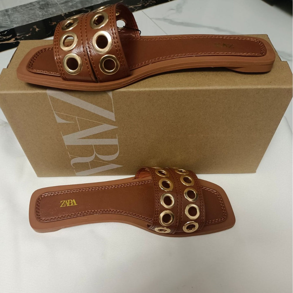 Za2024 spring/summer new women's flat sandals - buckle closure, breathable, round toe, metal buckle fashion flat sandals