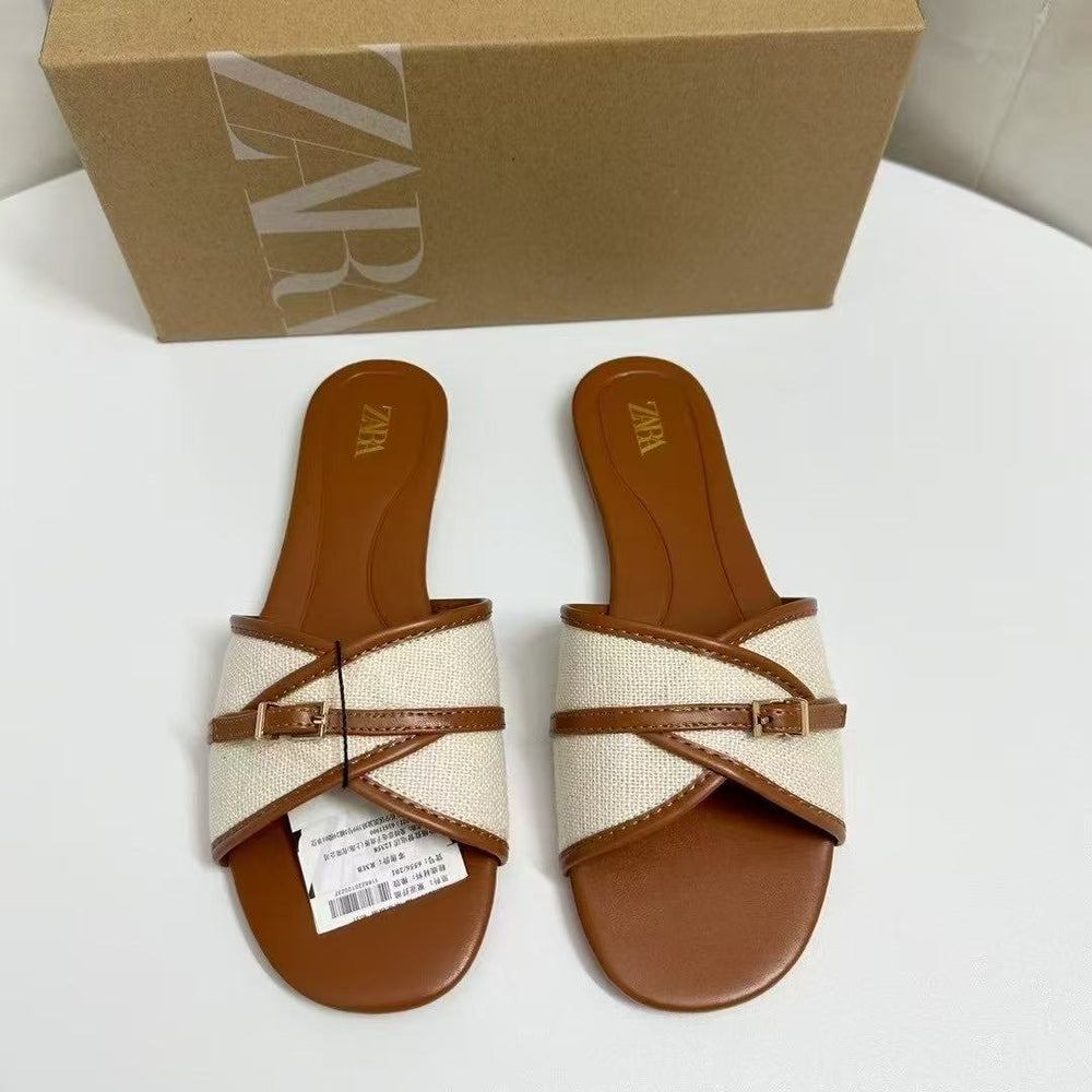 Za2025 new women's brown buckle-embellished flat sandals - perfect for beach, poolside, and everyday wear - european & american style