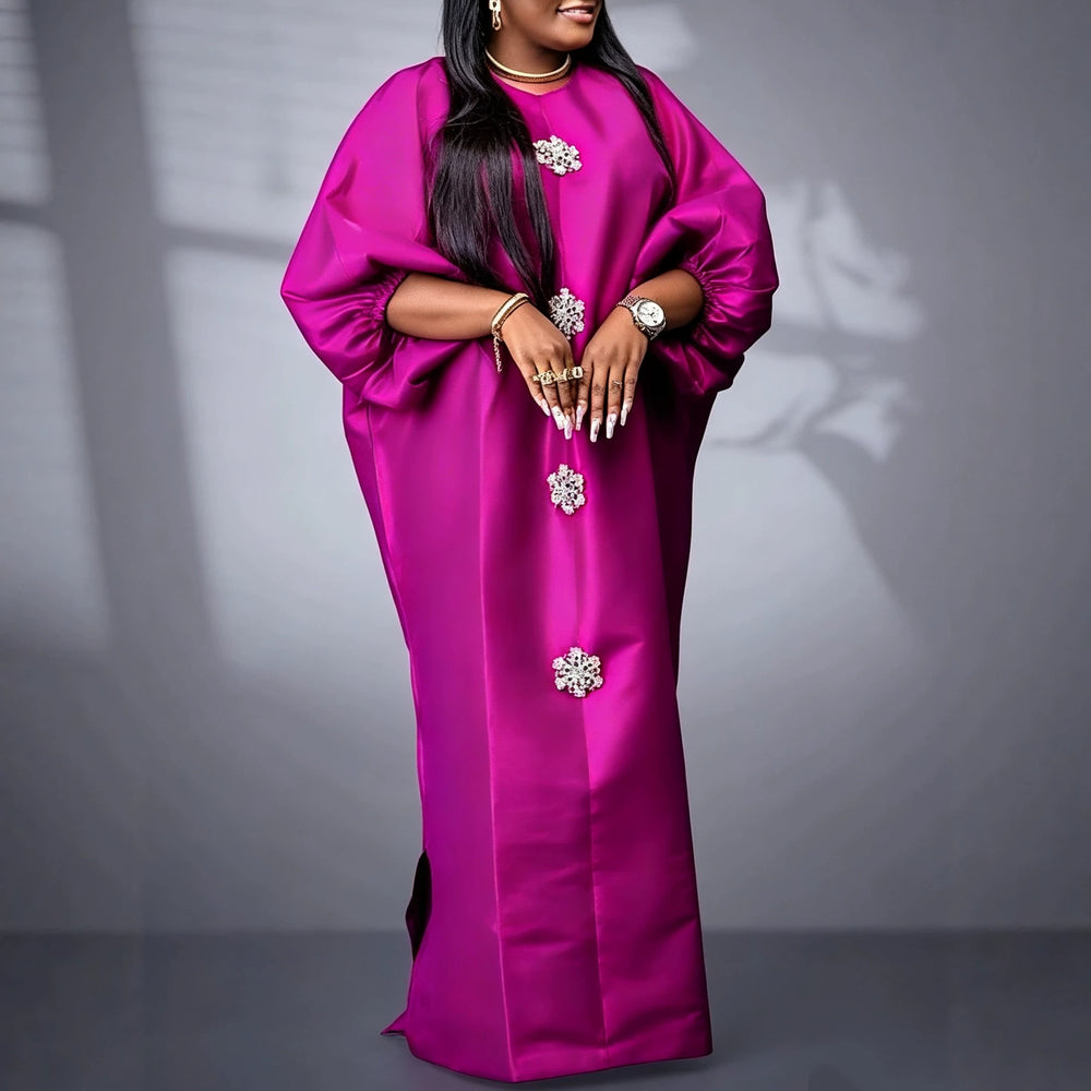 African-inspired loose fit lantern sleeve maxi dress - round neck, cinched waist, flowy hem, solid color party dress