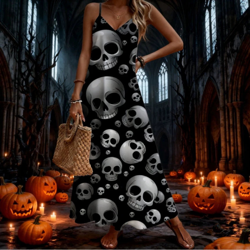 halloween pattern printing longdressv neckloose vacation suspender skirt