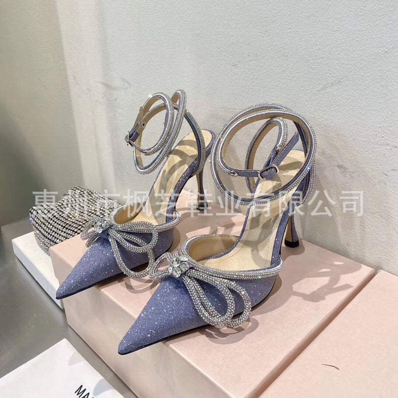 European and american high heels 2026 new bowknot women's shoes rhinestone pointed toe pumps strappy stiletto ultra high heels