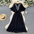 French chic embroidered v-neck dress - women's summer short sleeve, slim fit a-line maxi dress for vacation