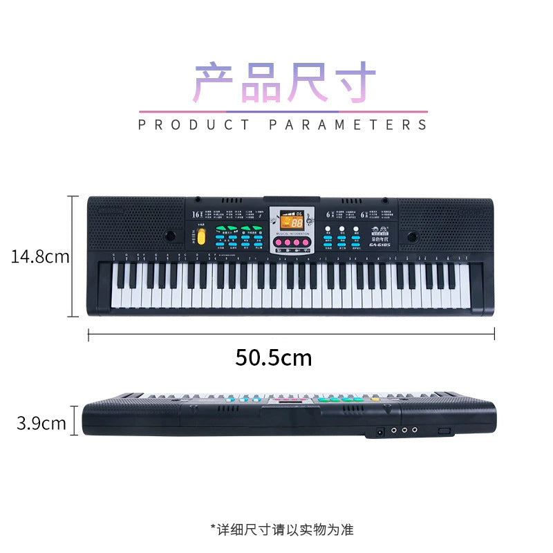 Children's electronic keyboard, 61 keys, multifunctional with microphone, black beginner toy, playable piano with power cord
