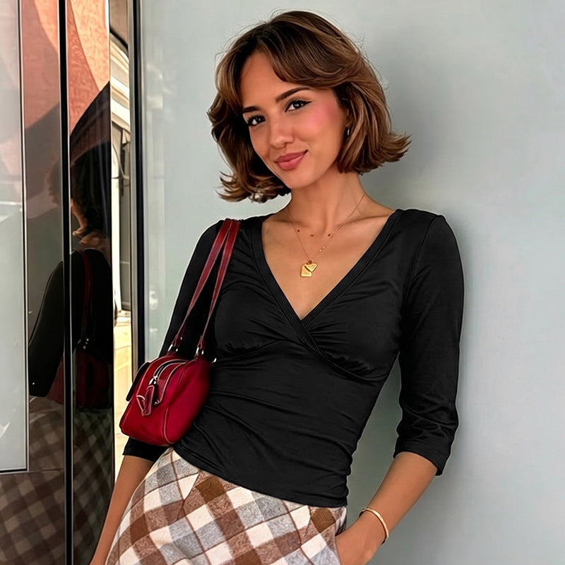 hot-selling new women's solid color v-neck three-quarter sleeve shirred casual slim-fit top t-shirt wholesale