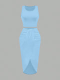 Amazon fashion cross-border women's sleeveless short tops + slit skirt two-piece suit