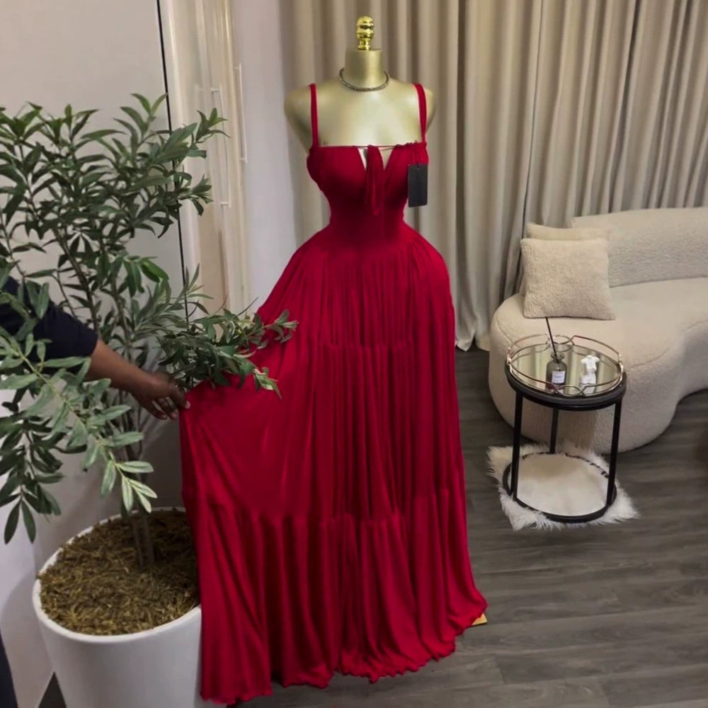 European and american cross-border women's clothing:  summer new arrival - elegant and chic ruched high-waisted long dress with spaghetti straps