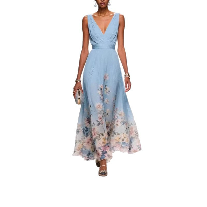 women's summer new arrivals:  cross-border fashion - elegant and chic printed v-neck bodycon maxi dress
