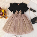 European and american style breathable short-sleeve english print bowknot mesh skirt girls' dress - children's clothing for toddlers and young children