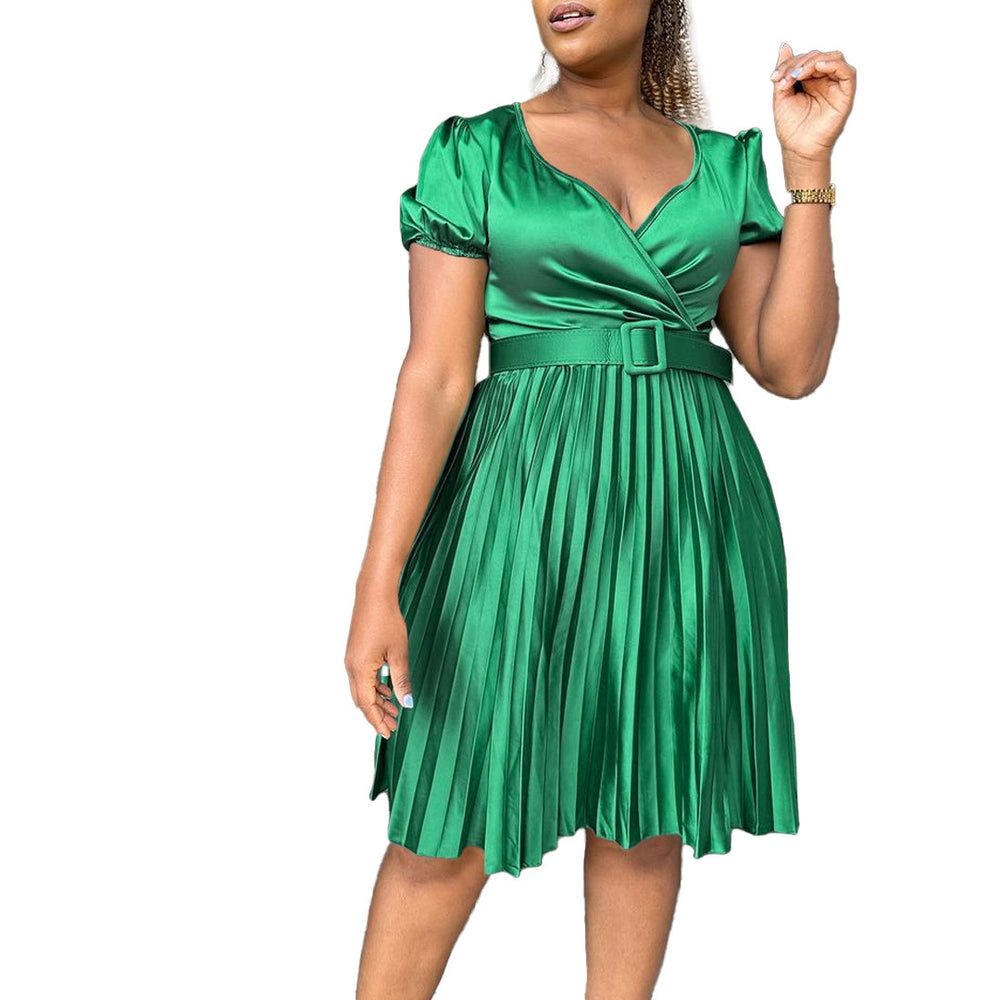 D370 belted european and american style women's summer  new  v-neck sexy pleated plus size foreign trade dress