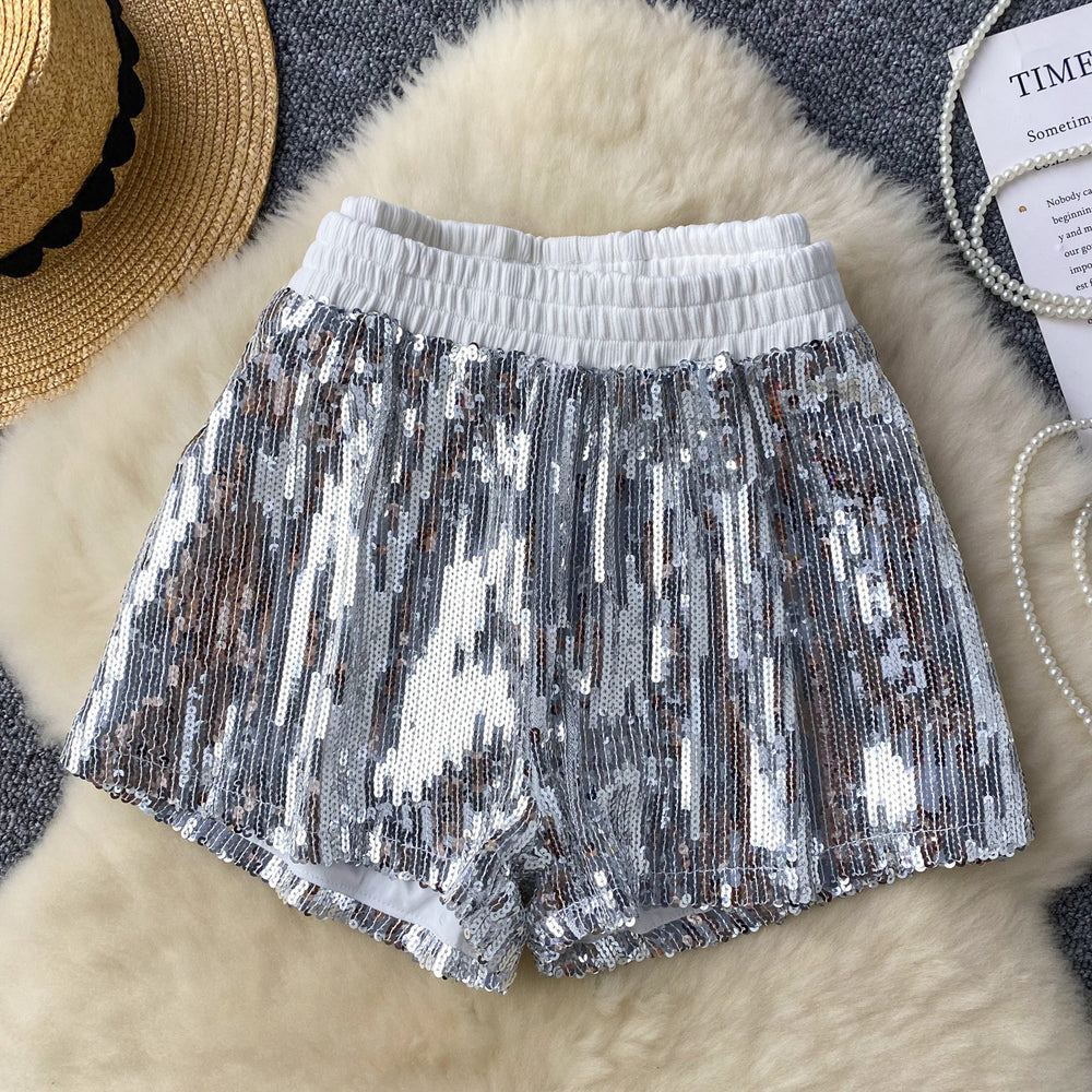 Heavy sequin sparklingshorts women's elastic waist easiest for matchslimming looka-line loose pants summernew arrival crotch casual pants