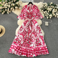 European style plus size women's high-end printed, heavily beaded, pleated long formal dress with pleated skirt - elegant women's dress