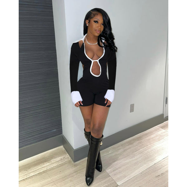 M3144 European and American women's clothing spring and summer new fashion street shot contrasting color collar tight one-piece casual shorts women's clothing