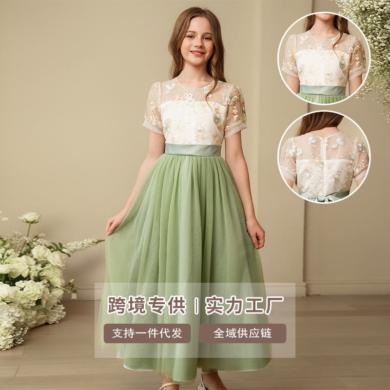 Hot-selling girls' summer dresses for export: children's mesh embroidered princess dresses, new chinese style ancient style long gowns