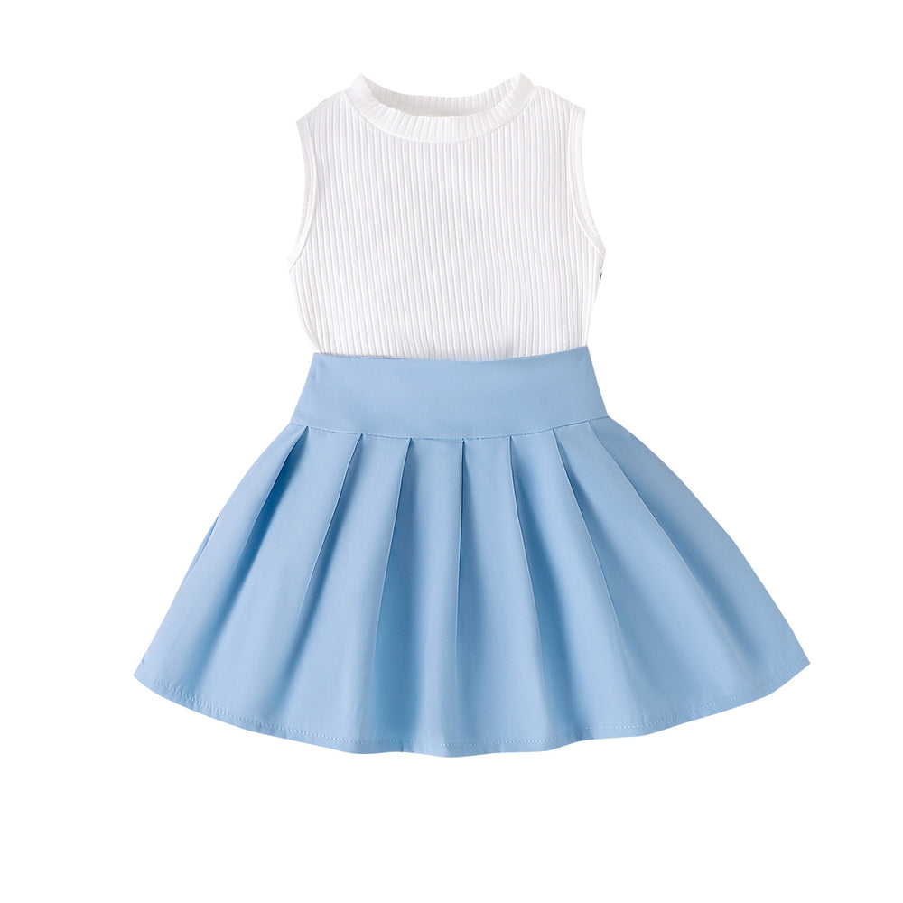 Amazon fashion summer new girlssuit pure color sleeveless pit vest and pleated skirttwo-piece set