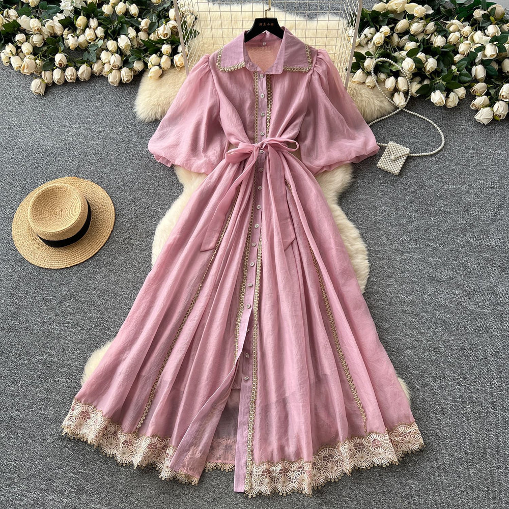 Frenchclassyelegantdress women's palace style straps waist elegantlacepatchwork single breasted large swing long skirt