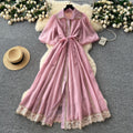 Frenchclassyelegantdress women's palace style straps waist elegantlacepatchwork single breasted large swing long skirt