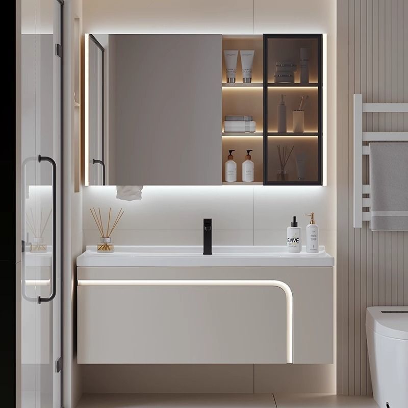 [Customized] Side storage bathroom cabinet ceramic integrated hand wash basin bathroom solid wood bathroom cabinet combination