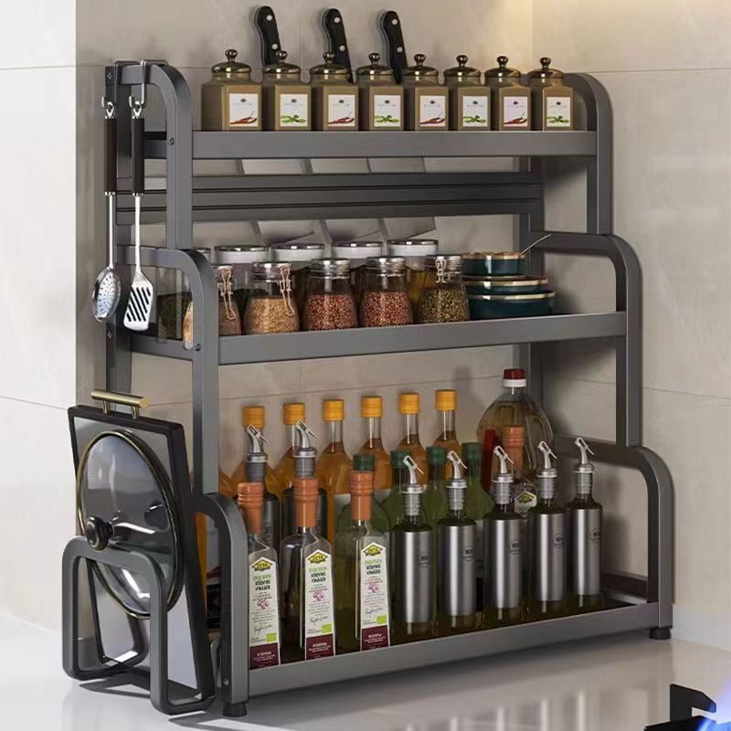 Gunmetal kitchen spice rack - countertop organizer for utensils, chopsticks, knives, salt, and condiments - multi-tier storage shelf