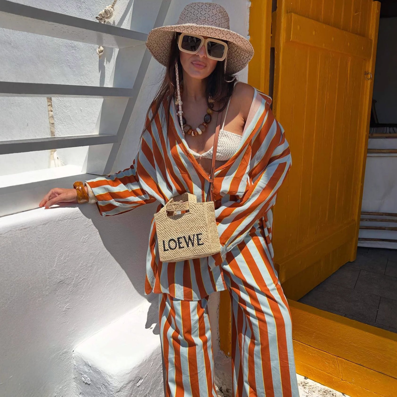 Cross-border European and American striped suit women's long-sleeved cardigan fashion casual shirt trousers  new large size two-piece set