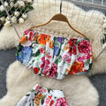 European and american hot girl style printed off-the-shoulder puff sleeve top + high-waisted slimming long midi skirt set for women - summer collection