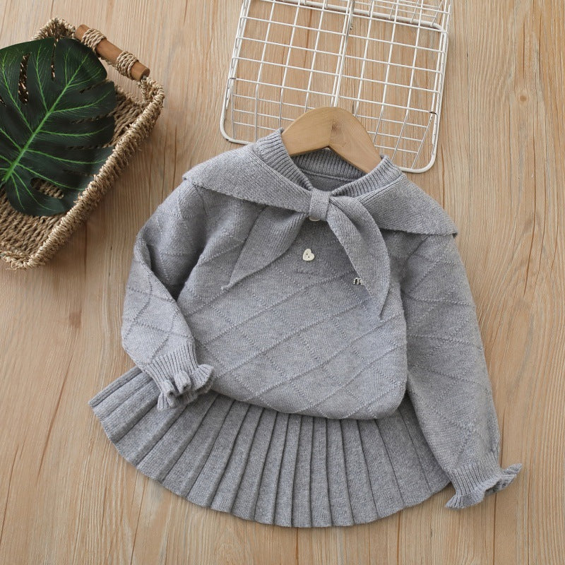 Girls' knitted sweater dress set - new autumn  collection: navy collar two-piece set, preppy style