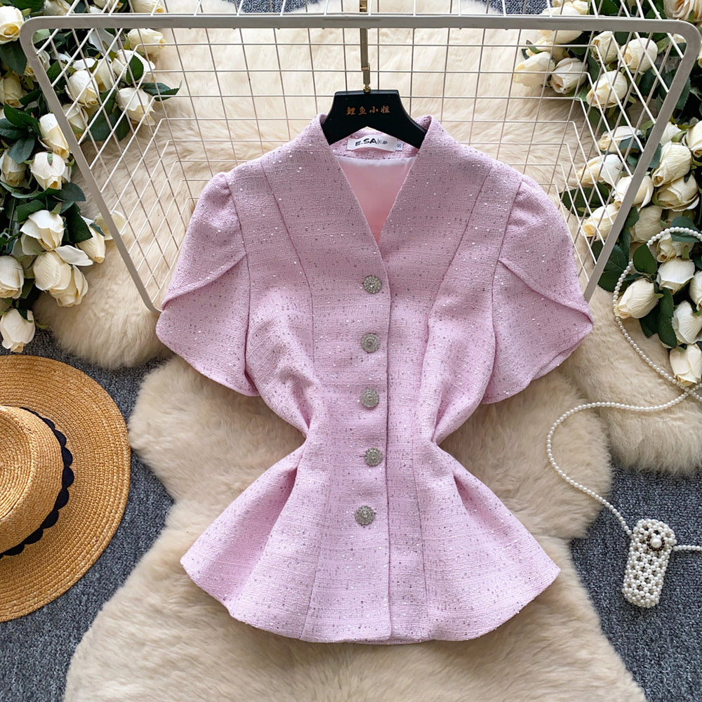 French style v-neck short-sleeve blouse with rhinestone embellishments - women's commute-friendly, loose-fit, single-breasted, waist-defining, slimming, and elegant top