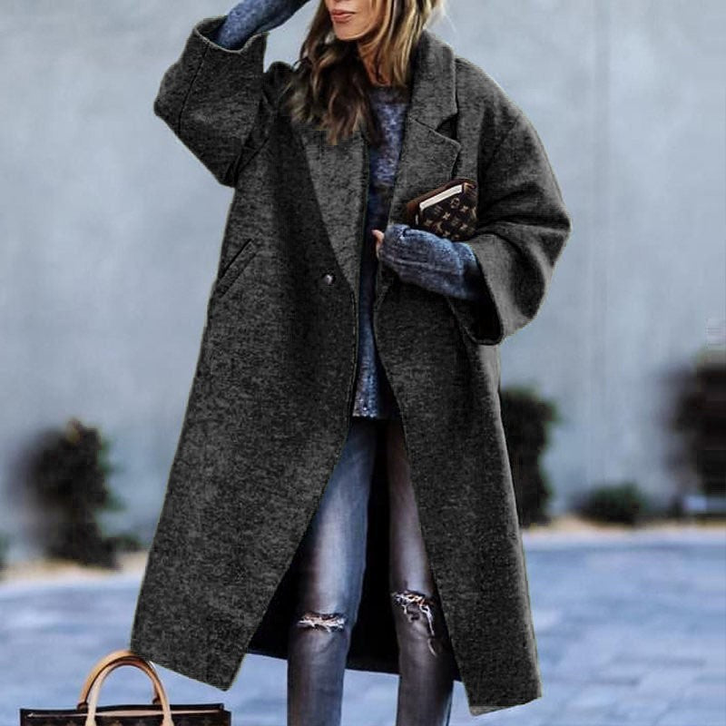 European and american autumn/winter long wool coat - chic, commuter style, beltless, turn-down collar, relaxed fit, wool green coat for women