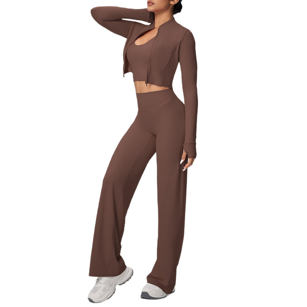 pure color brushed tight halter vest wide-leg long three-piece set sports running fitness yoga clothes suit