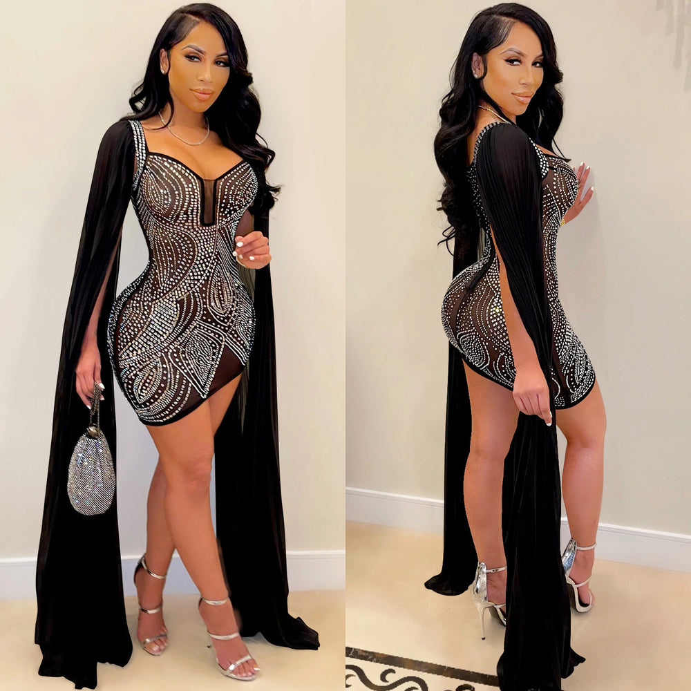 X5332 cross-border new product   hot diamond mesh sexy nightclub long sleeves zipper midi skirt dress
